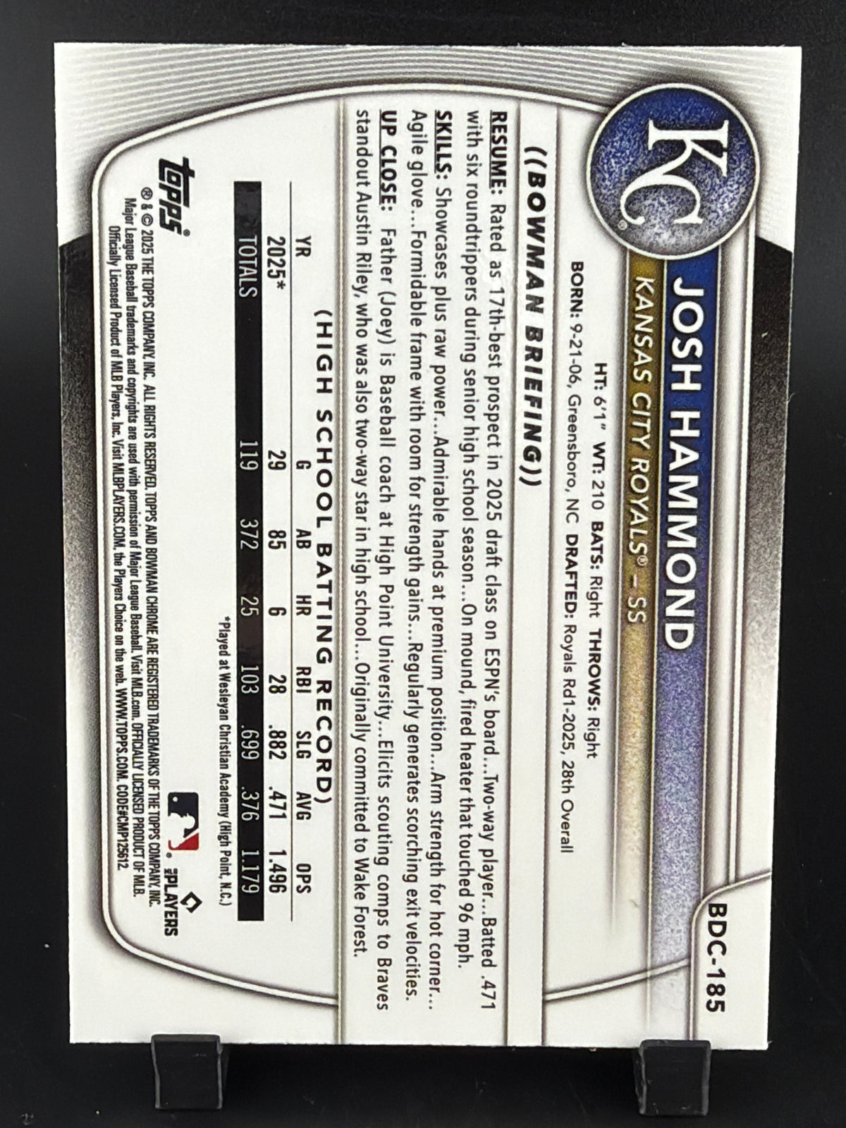2025 Bowman Chrome Draft Josh Hammond #BDC-185 Gold Snakeskin /75