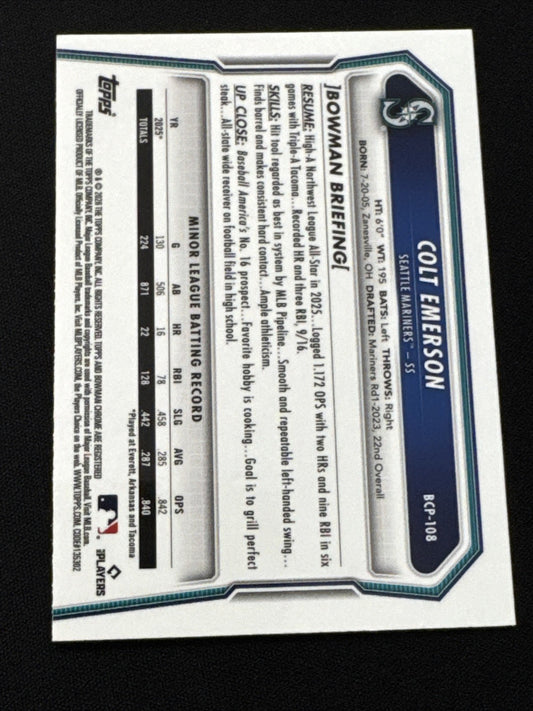 2026 Bowman Chrome Colt Emerson BCP-108 Geometric Purple Refractor /250
