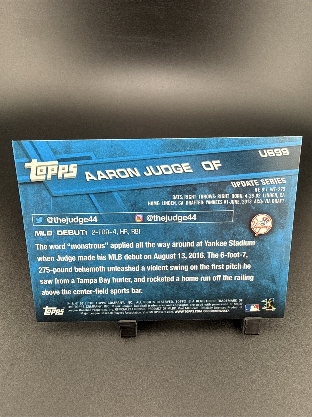 2017 Topps Update Series - Rookie Debut Aaron Judge #US99 Batting (RC)