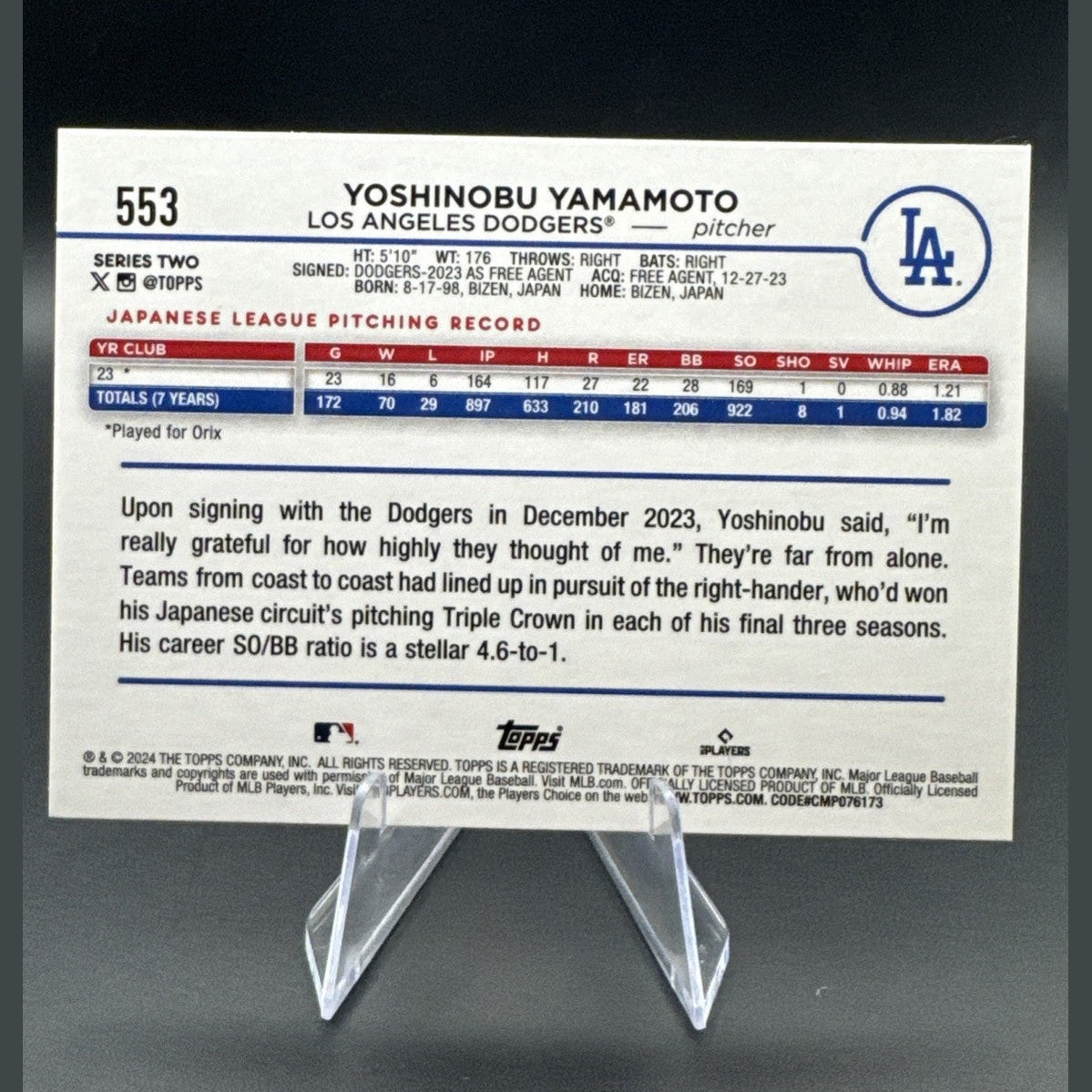 2024 Topps Yoshinobu Yamamoto RC #553 Dodgers