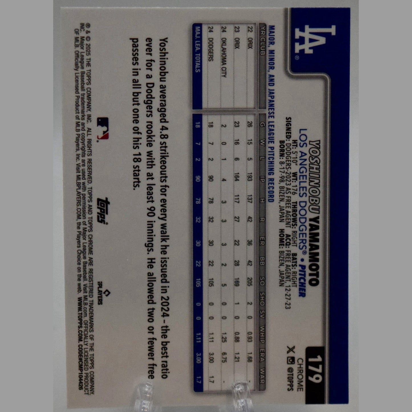 2025 Topps Chrome Yoshinobu Yamamoto Los Angeles Dodgers #179