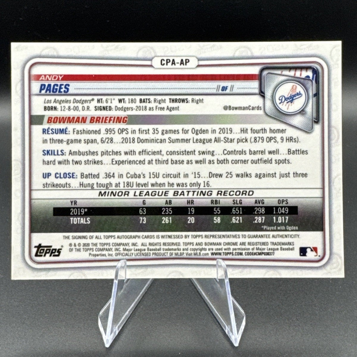 2020 Andy Pages 1st Bowman Chrome Cracked Ice RC Autograph 65/100 #CPA-AP