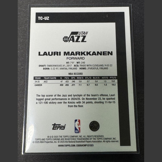 2025-2026 Topps NBA Lauri Markkanen #TC-UZ Silver Pack Mojo Utah Jazz