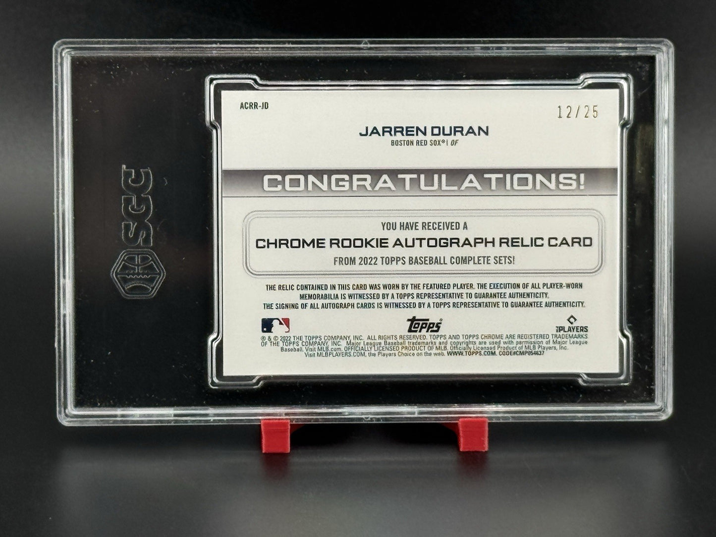 2022 Topps Comp Set #ACRR-JD Jarren Duran Chrome Rookie Auto Relic /25 SGC 8.5