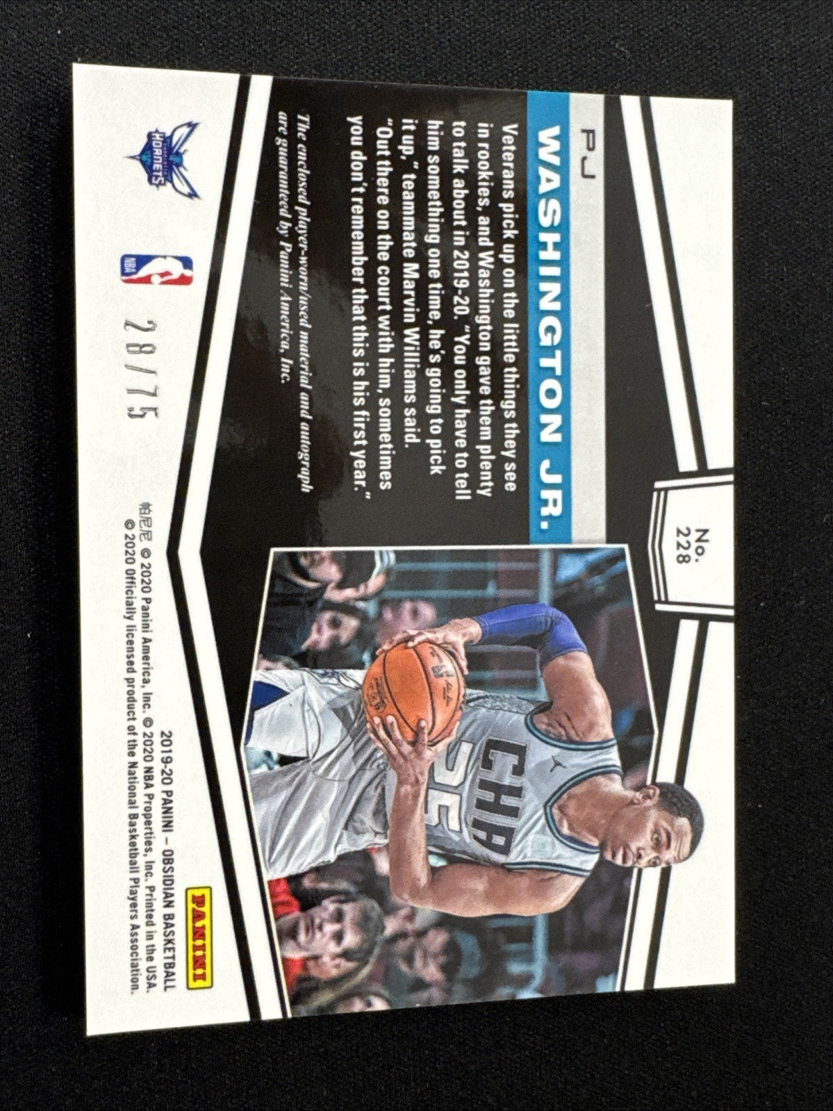 2019-20 Obsidian PJ Washington Jr RC Rookie AUTO RELIC PATCH RPA /75 HORNETS