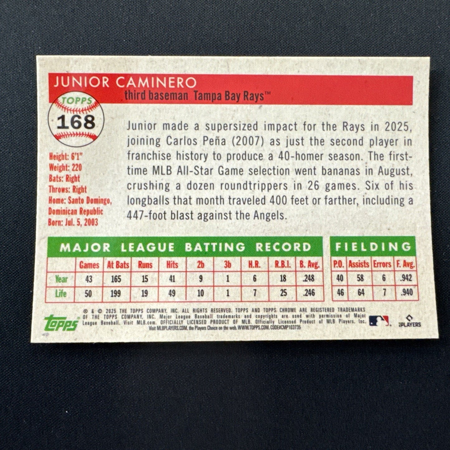 Topps Platinum 2025 Junior Caminero Rose Gold Refractor /75 Rays #168