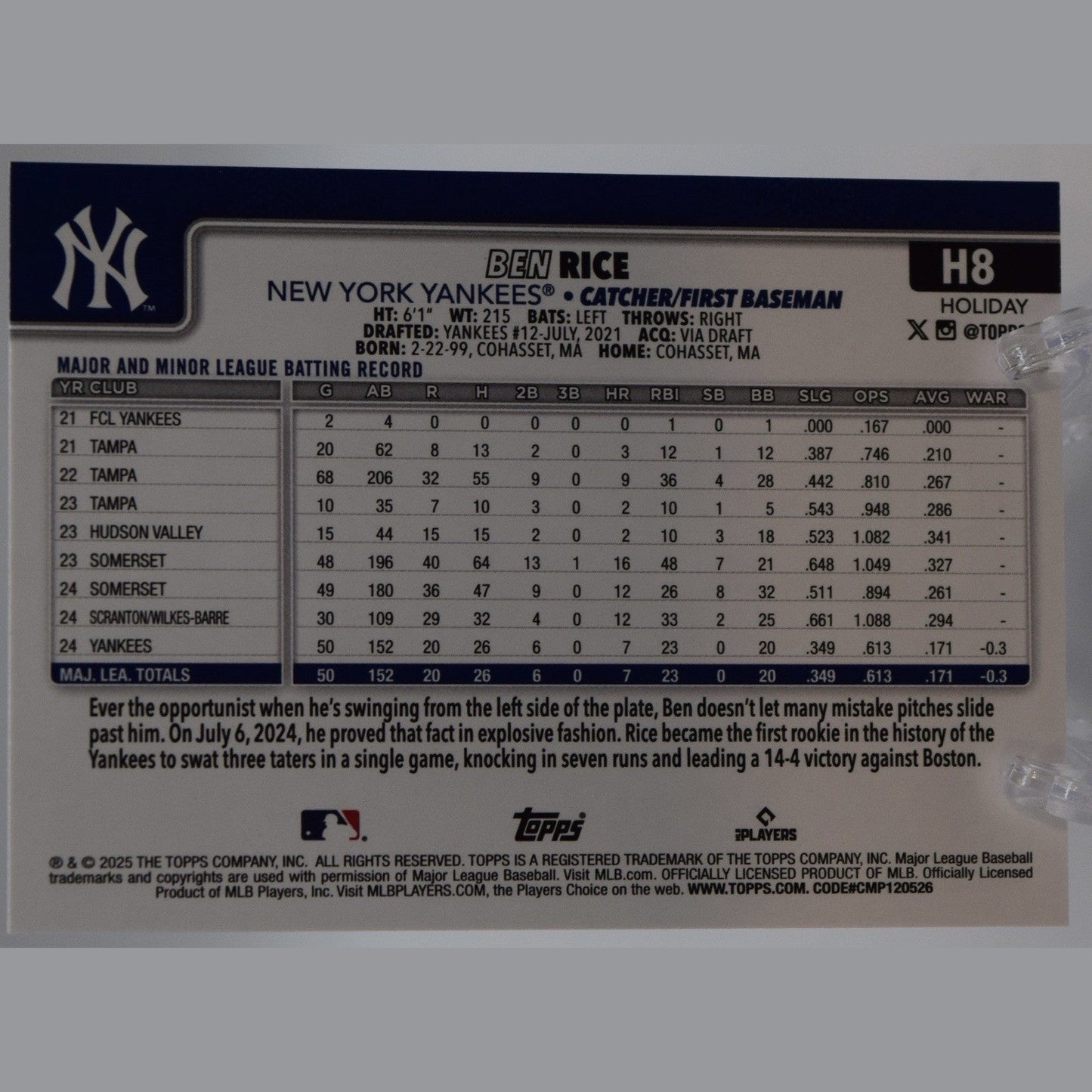 2025 Topps Holiday Ben Rice (RC) #H8 - Base Rookie - New York Yankees