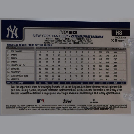 2025 Topps Holiday Ben Rice (RC) #H8 - Base Rookie - New York Yankees