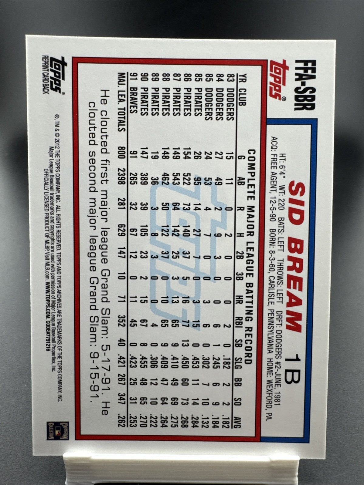 2012 Topps Archives - Fan Favorites Autographs Sid Bream #FFA-SBR (AU)
