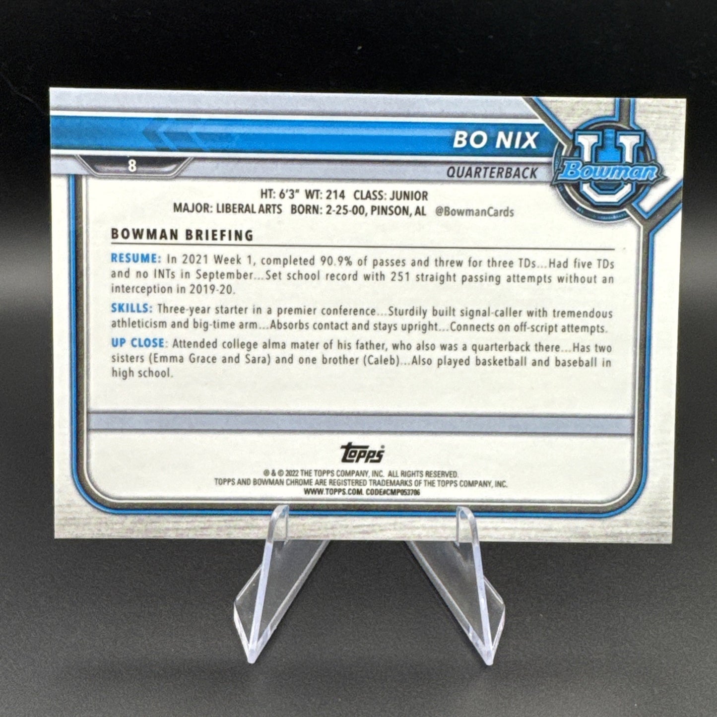 2022 Bowman University - Bo Nix Pink Refractor #8 Auburn 1st Bowman