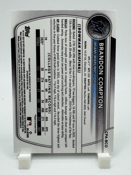 2025 Bowman Draft Brandon Compton Chrome Auto 1st Prospect #CPA-BCO Marlins