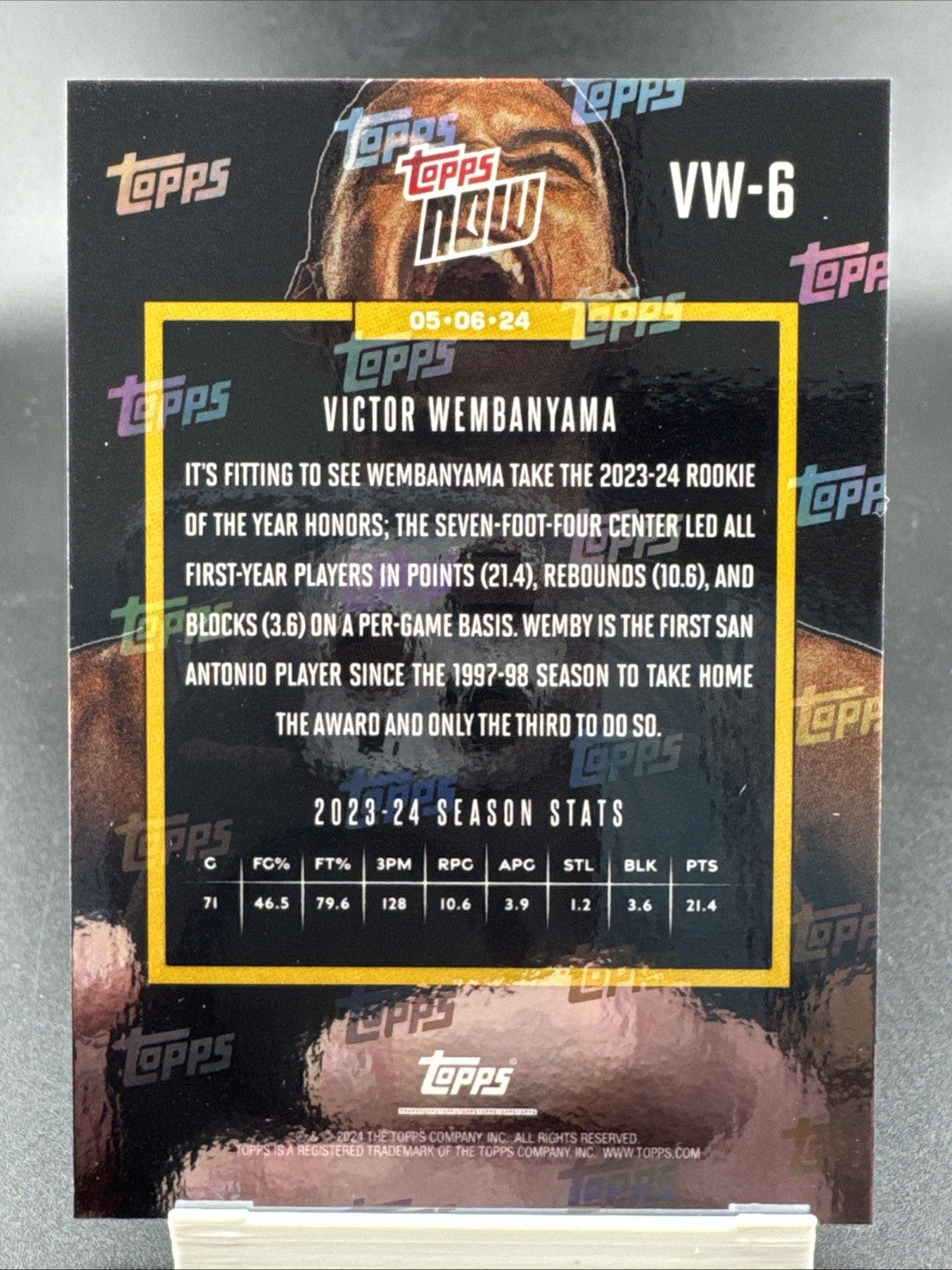 Victor Wembanyama 2023-24 Topps Now #VW-6 Rookie Of The Year (RC)