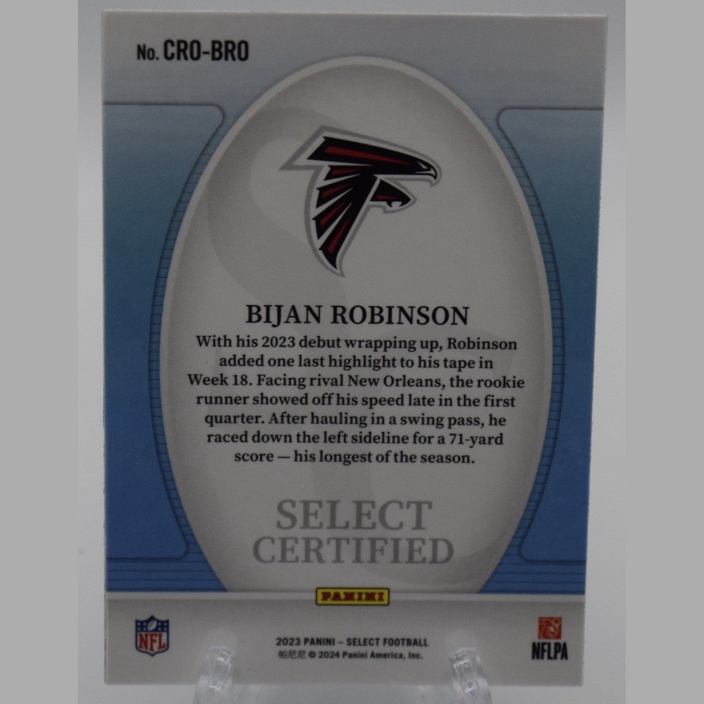 2023 Bijan Robinson Panini Select #CRO-BRO Certified RC - Atlanta Falcons