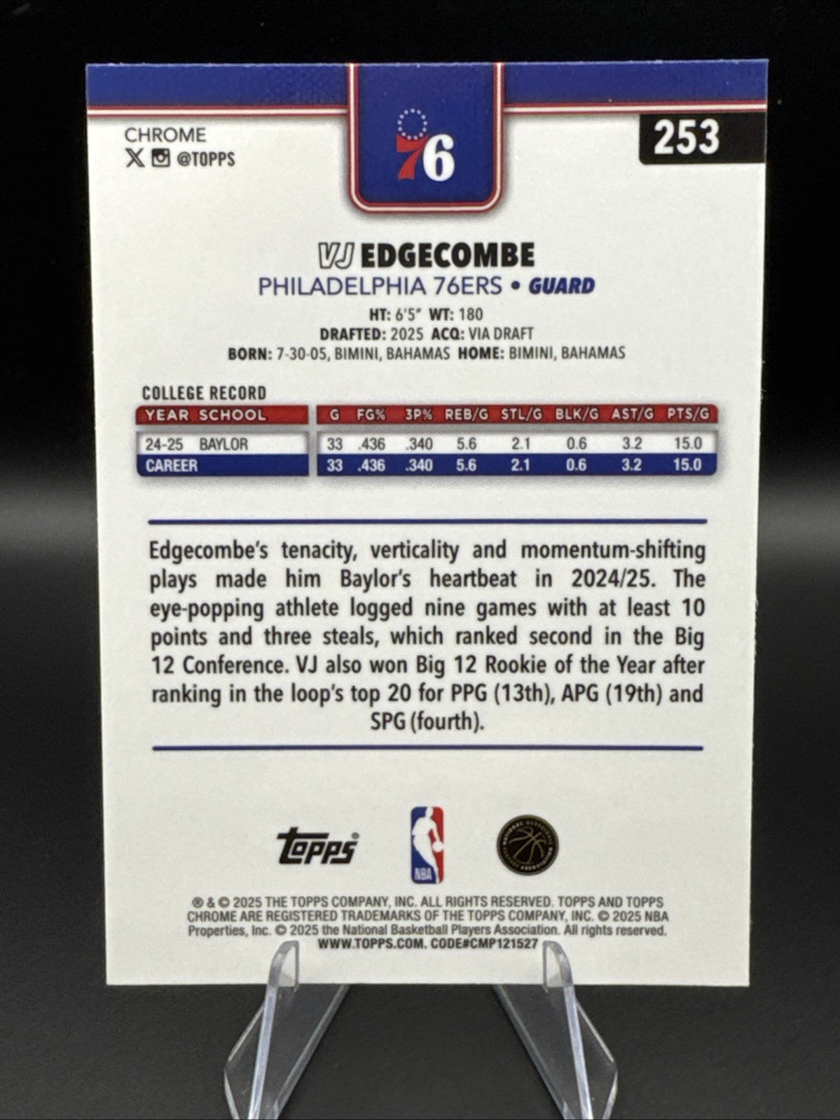 2025-26 Topps Chrome Basketball VJ Edgecombe Rookie Card #253 RC 76ers