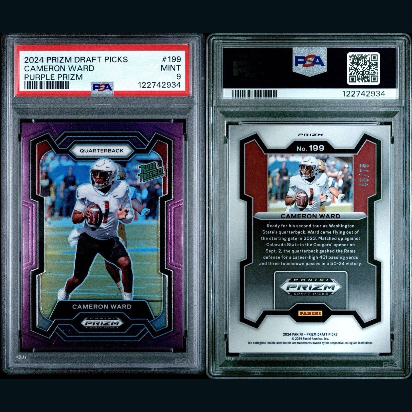 2024 Prizm Draft Picks Cam Ward Purple Prizm #'d 48/75 Rated Prospect #199 PSA 9