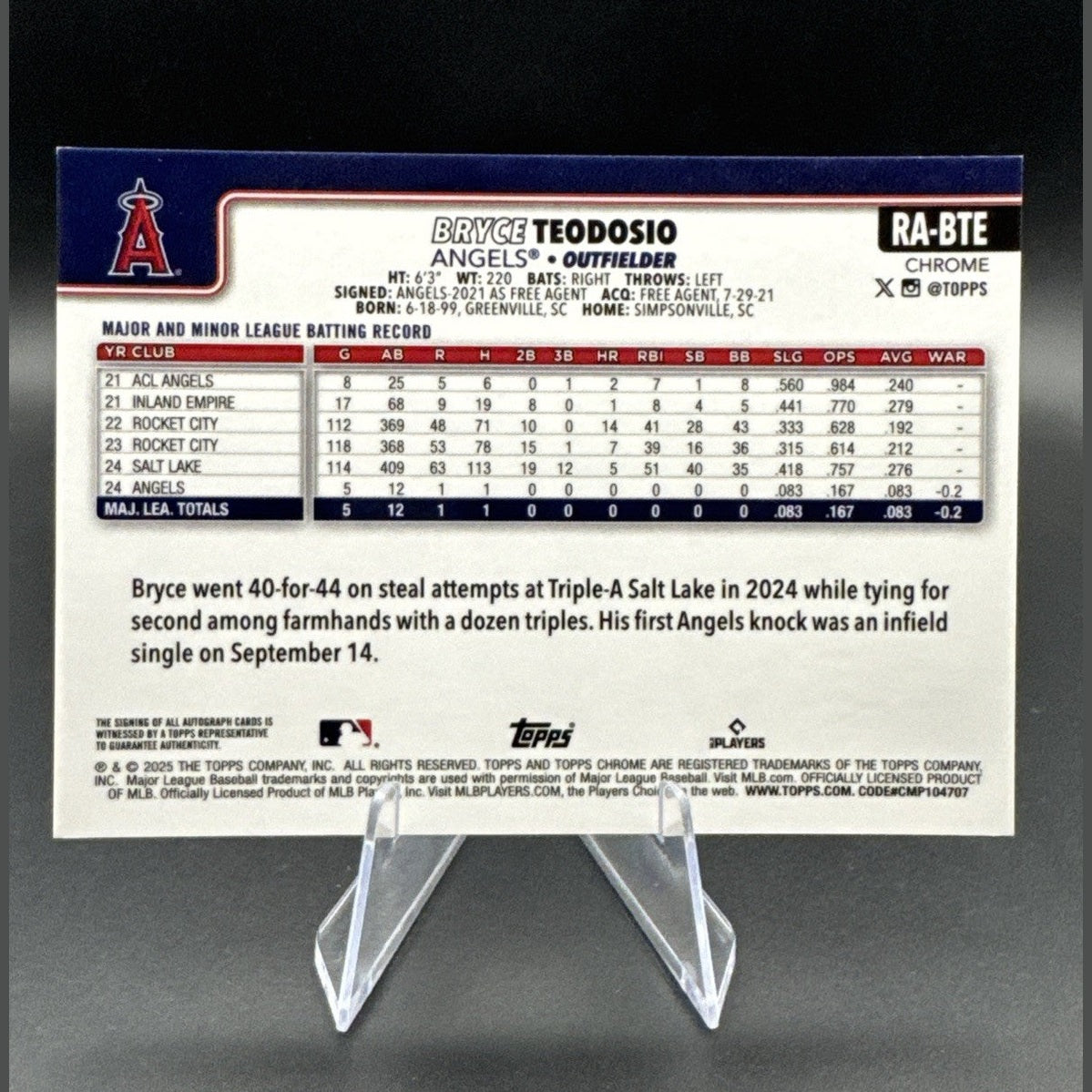 2025 Topps Chrome Bryce Teodosio Rookie Auto Rookie RC #RA-BTE Angels