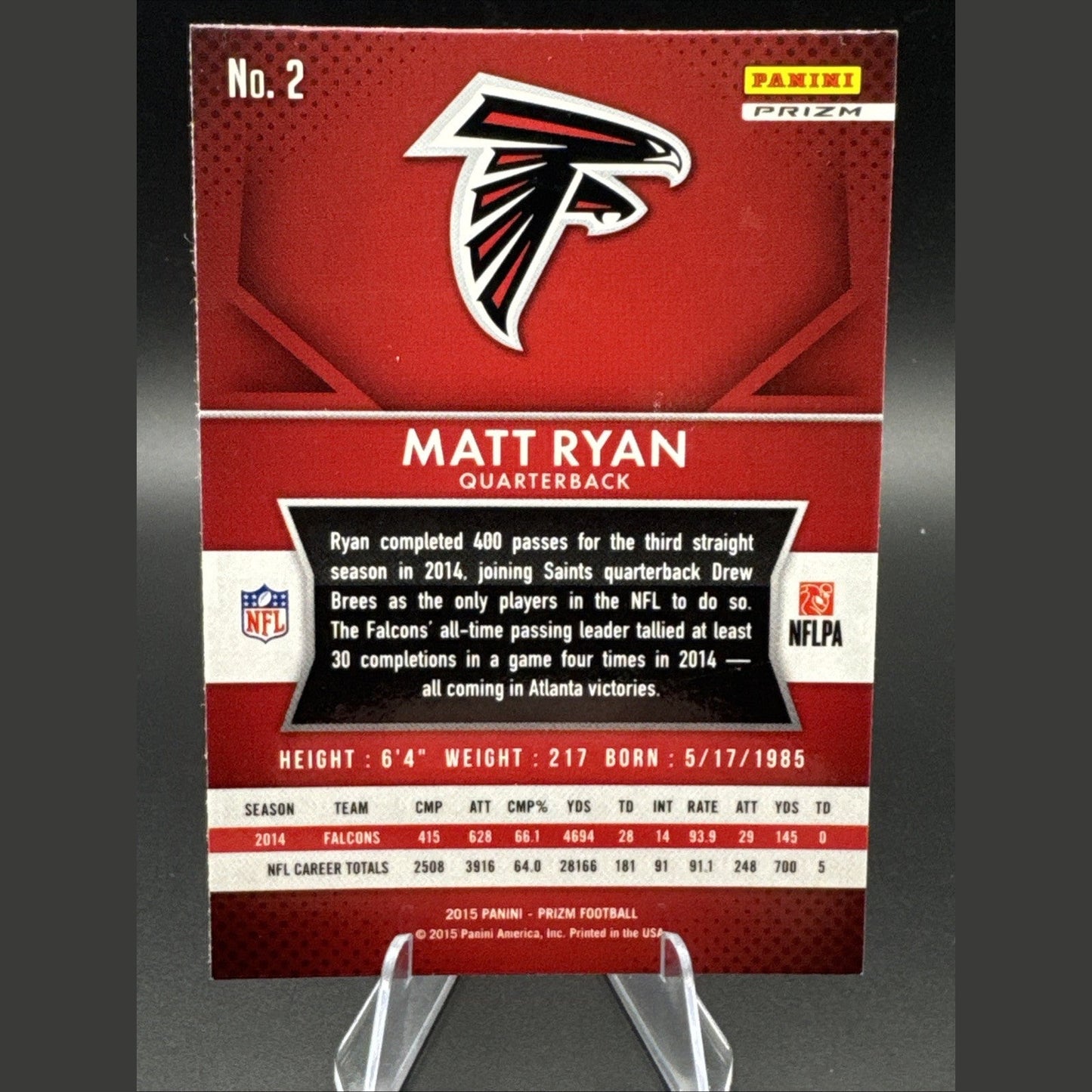2015 Panini Prizm Football Red Prizm #2 - Matt Ryan - Atlanta Falcons