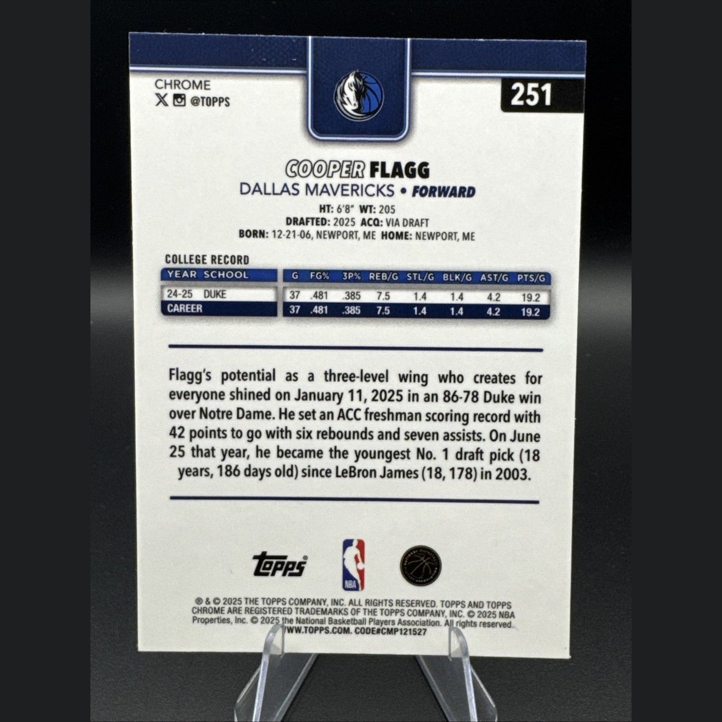 2025-26 NBA Topps Chrome Cooper Flagg RC Dallas Mavericks Base Rookie #251