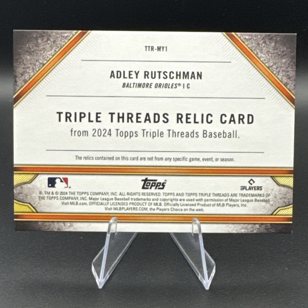 2024 Topps Triple Threads Relic Card Adley Rutschman /27 #TTR-MY1
