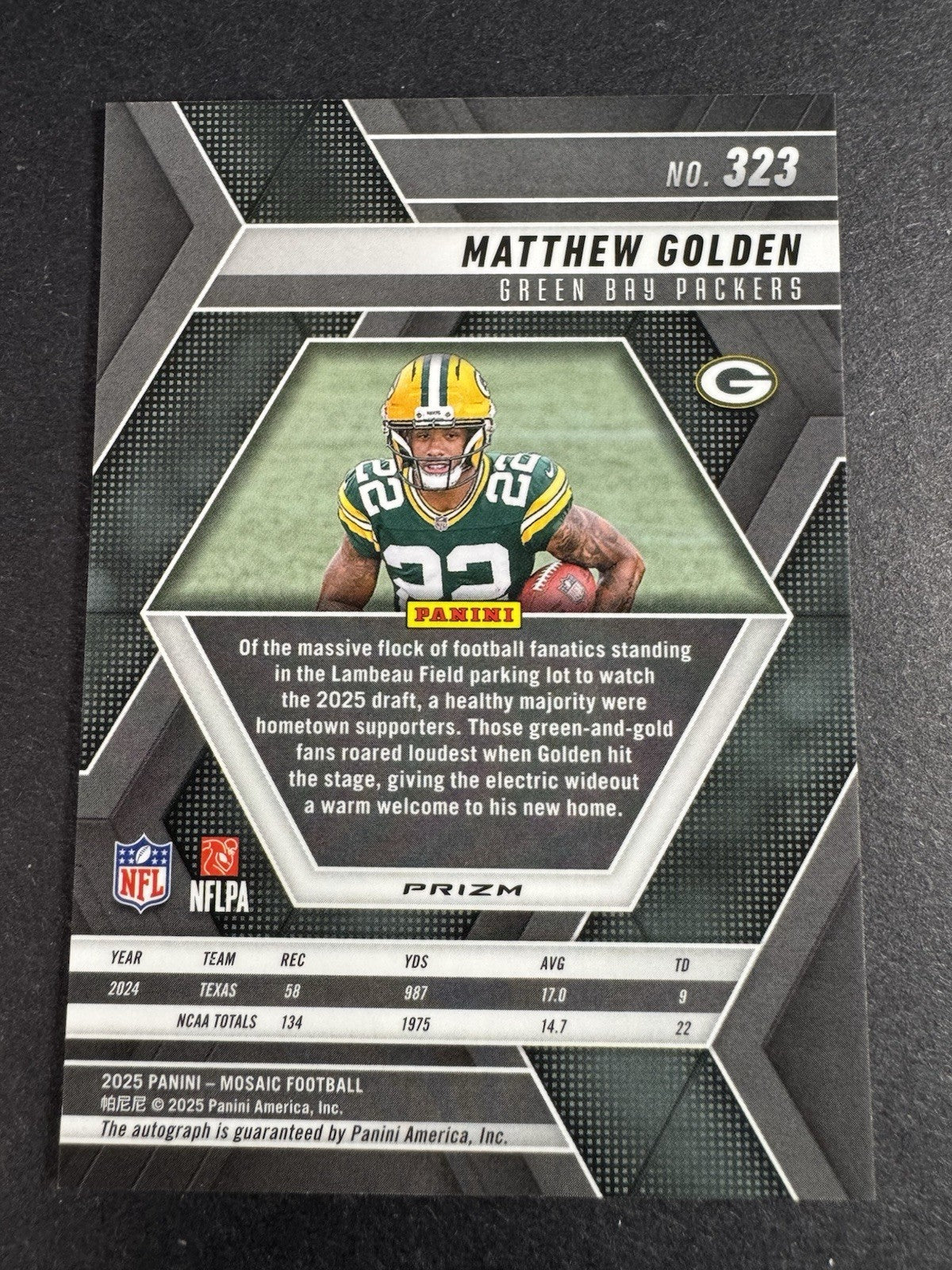 2025 Mosaic Matthew Golden Silver Mosaic Prizm Auto RC #323 Green Bay Packers