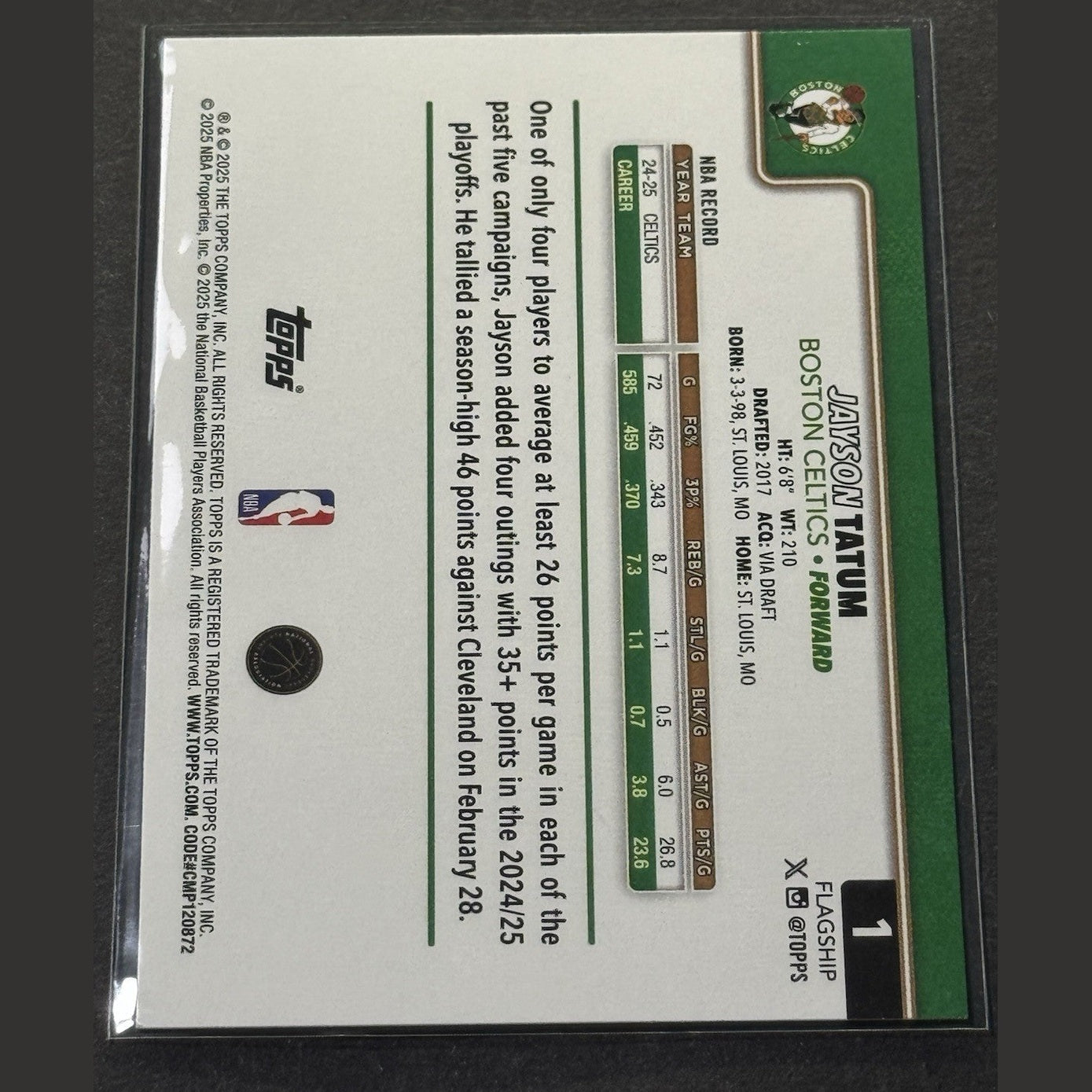 Jayson Tatum 2025-26 Topps Flagship Base Set Card #1 Boston Celtics