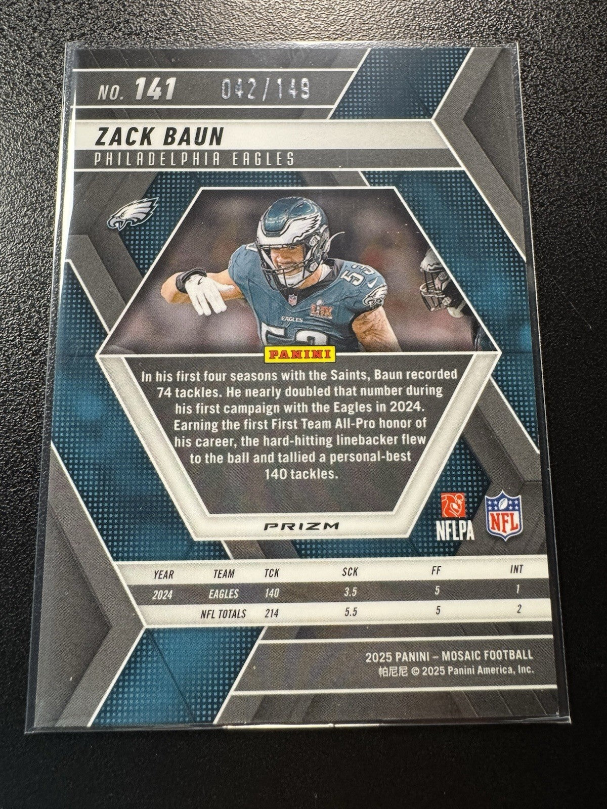 2025 MOSAIC ZACK BAUN SILVER KNIGHT 42/149 BRAZIL GAMES - PHILADELPHIA EAGLES