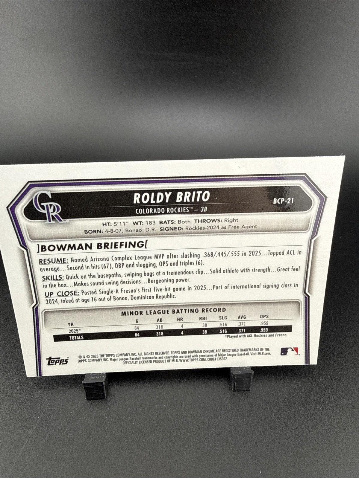 2026 Bowman - Chrome 1st Bowman Roldy Brito #BCP-21 Purple Refractor