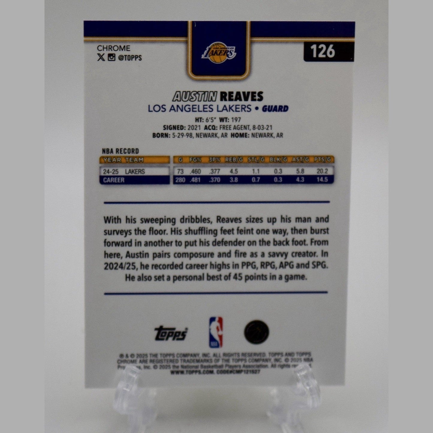 2025-26 Austin Reaves Topps Chrome #126 X-Fractor Los Angeles Lakers