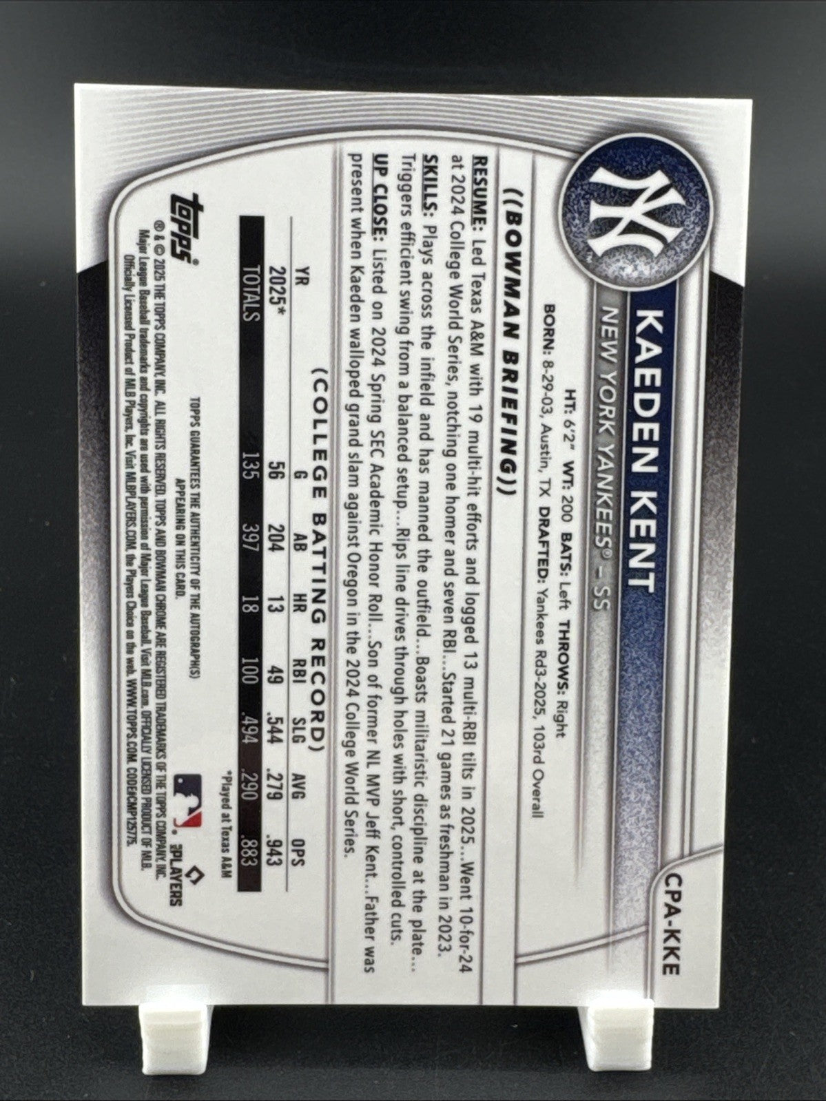 2025 Bowman Prospects Kaeden Kent Sparkle Refractor Auto 55/71