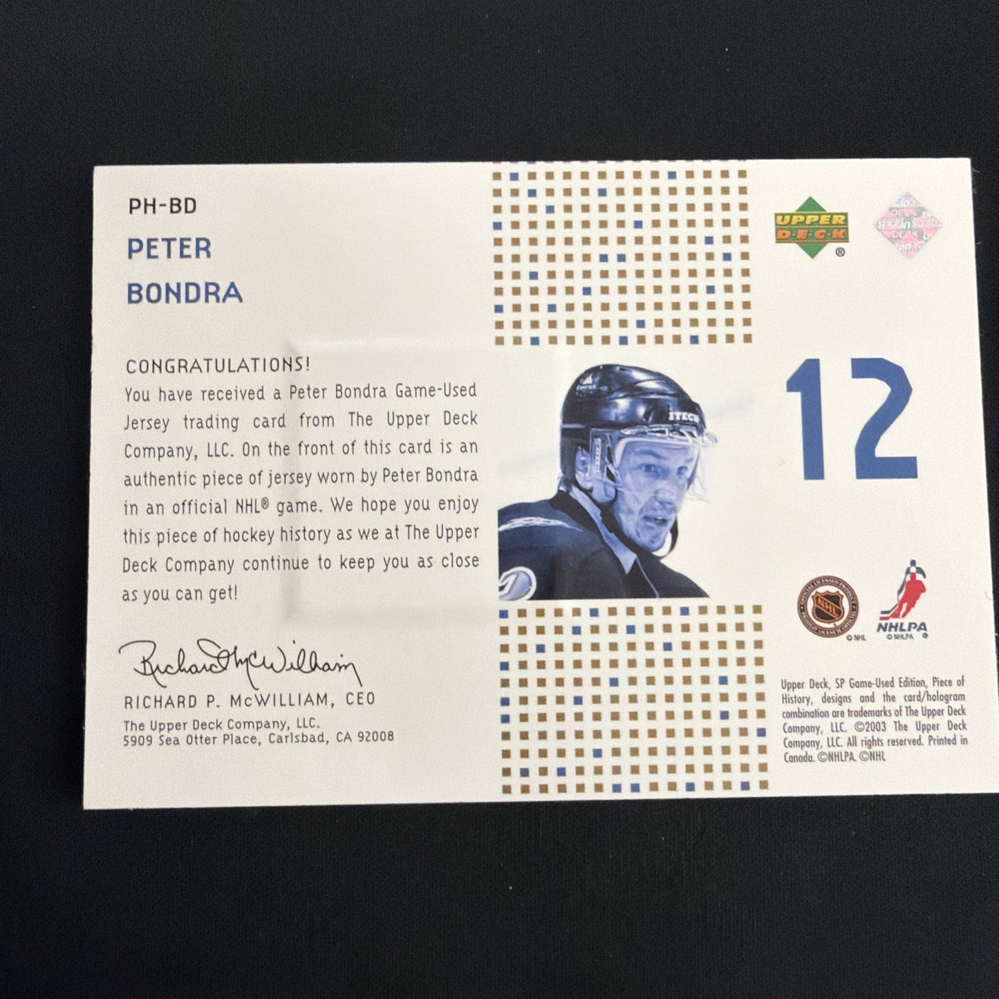 2002-03 SP Game Used - Piece of History Peter Bondra #PH-BD Gold /99 (MEM)