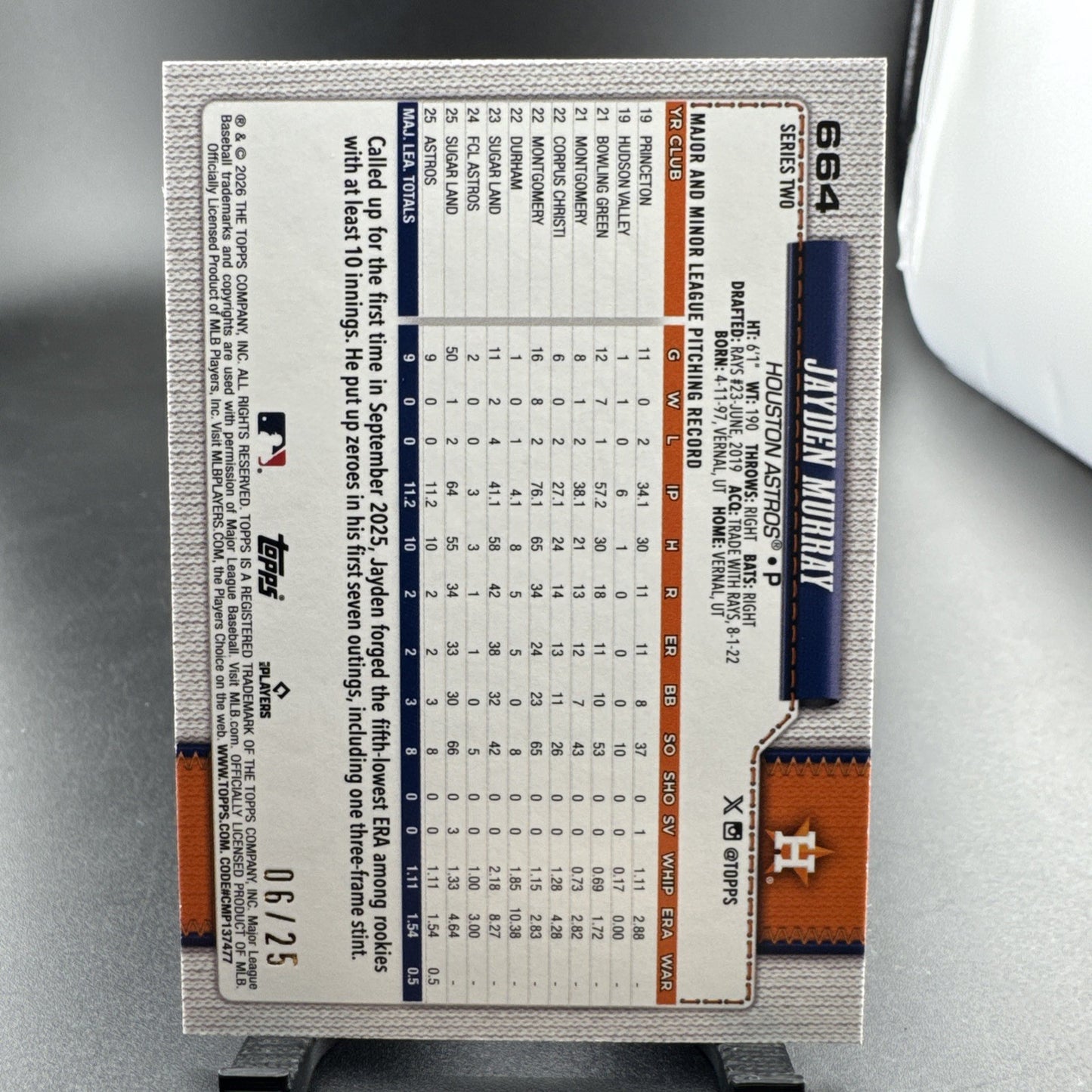 2026 Topps Series 2 - Jayden Murray #664 (RC) - Orange Speckle 6/25 🔥
