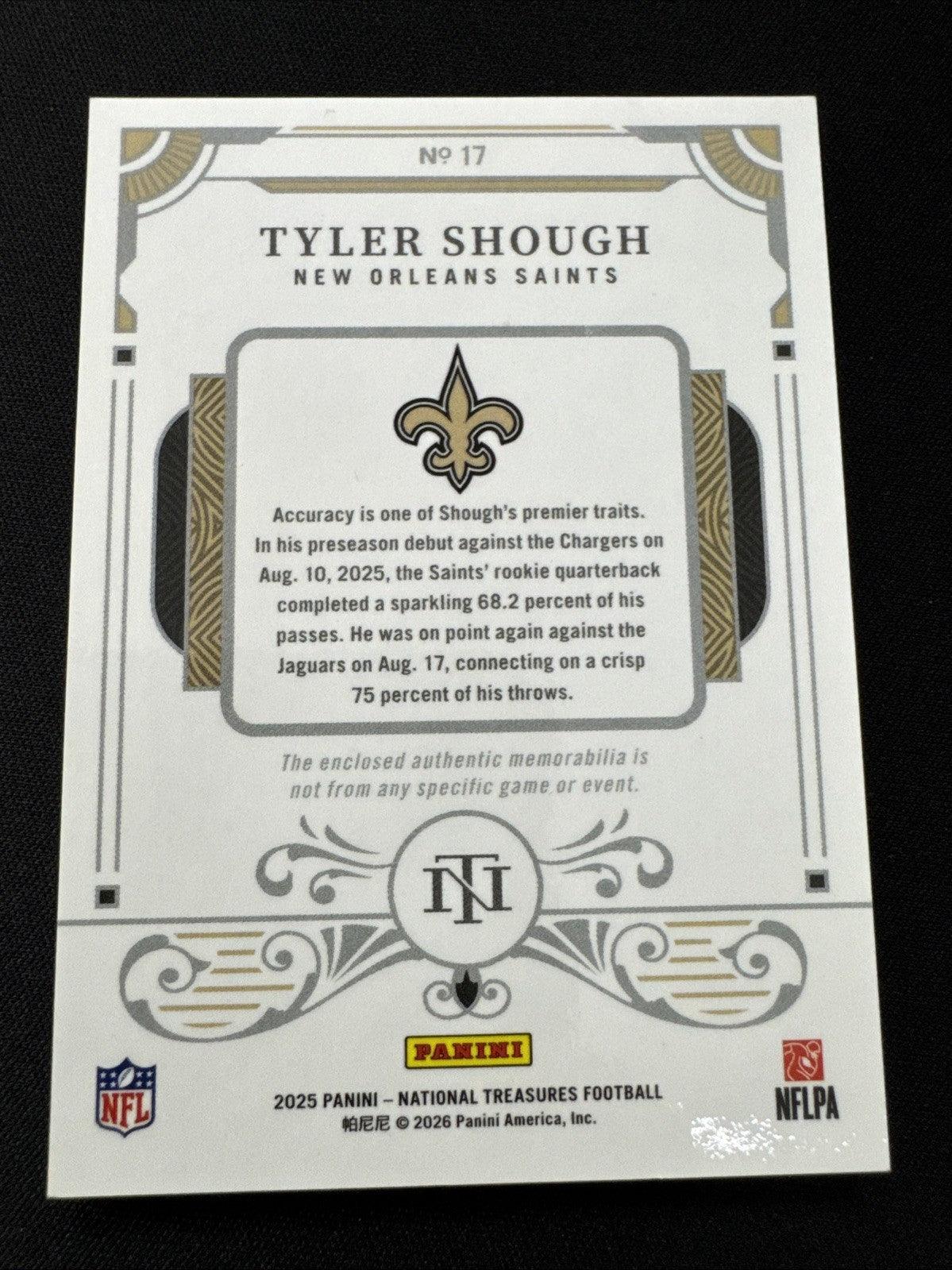 2025 Panini National Treasures Tyler Shough True Rookie Dual 3 Color Patch /99