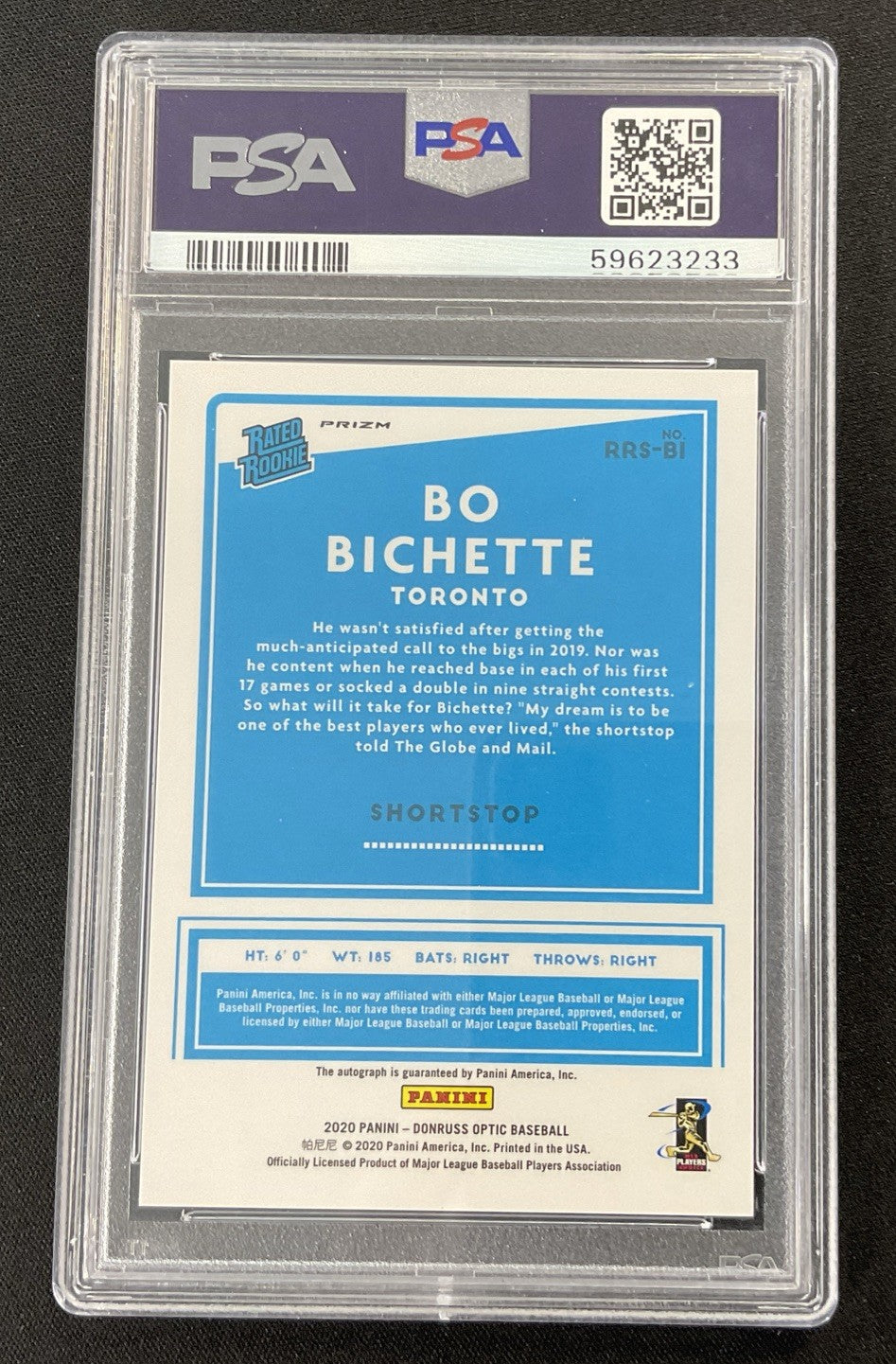 2020 Donruss Optic Bo Bichette Rated Rookie Sig Holo Auto RC Blue Jays PSA 10