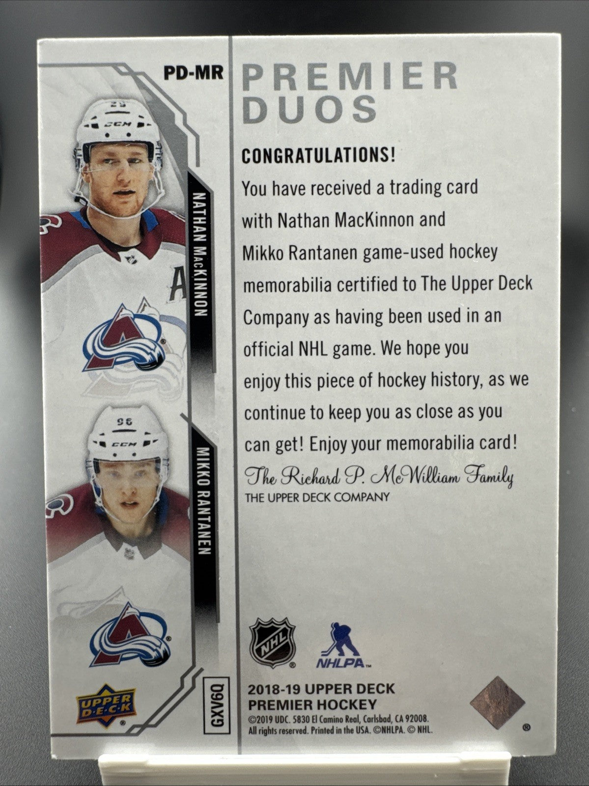 2018-19 Upper Deck Premier - Premier Duos Nathan MacKinnon & Mikko Rantanen
