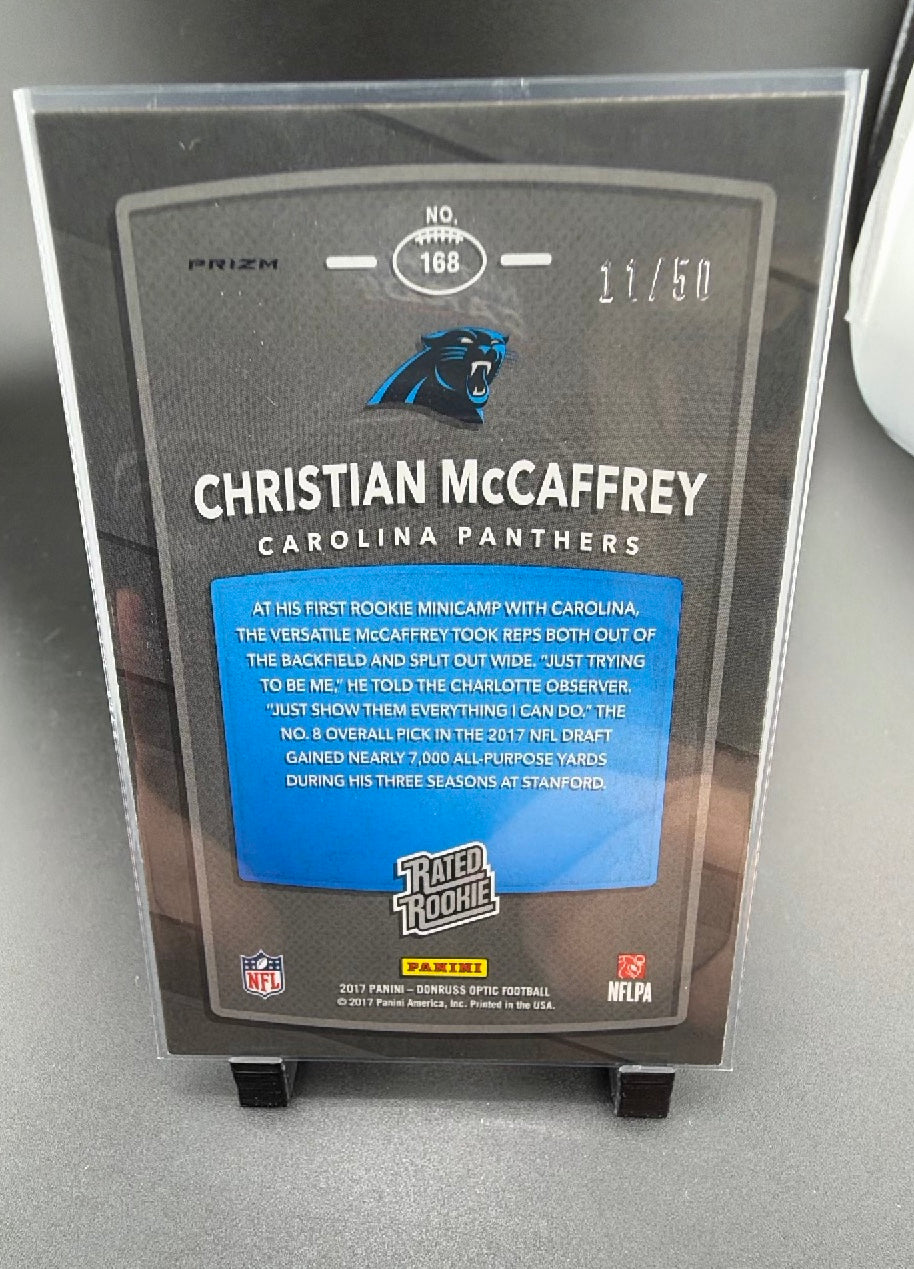 2017 Panini Donruss Optic Christian McCaffrey #168 Blue Prizm /50