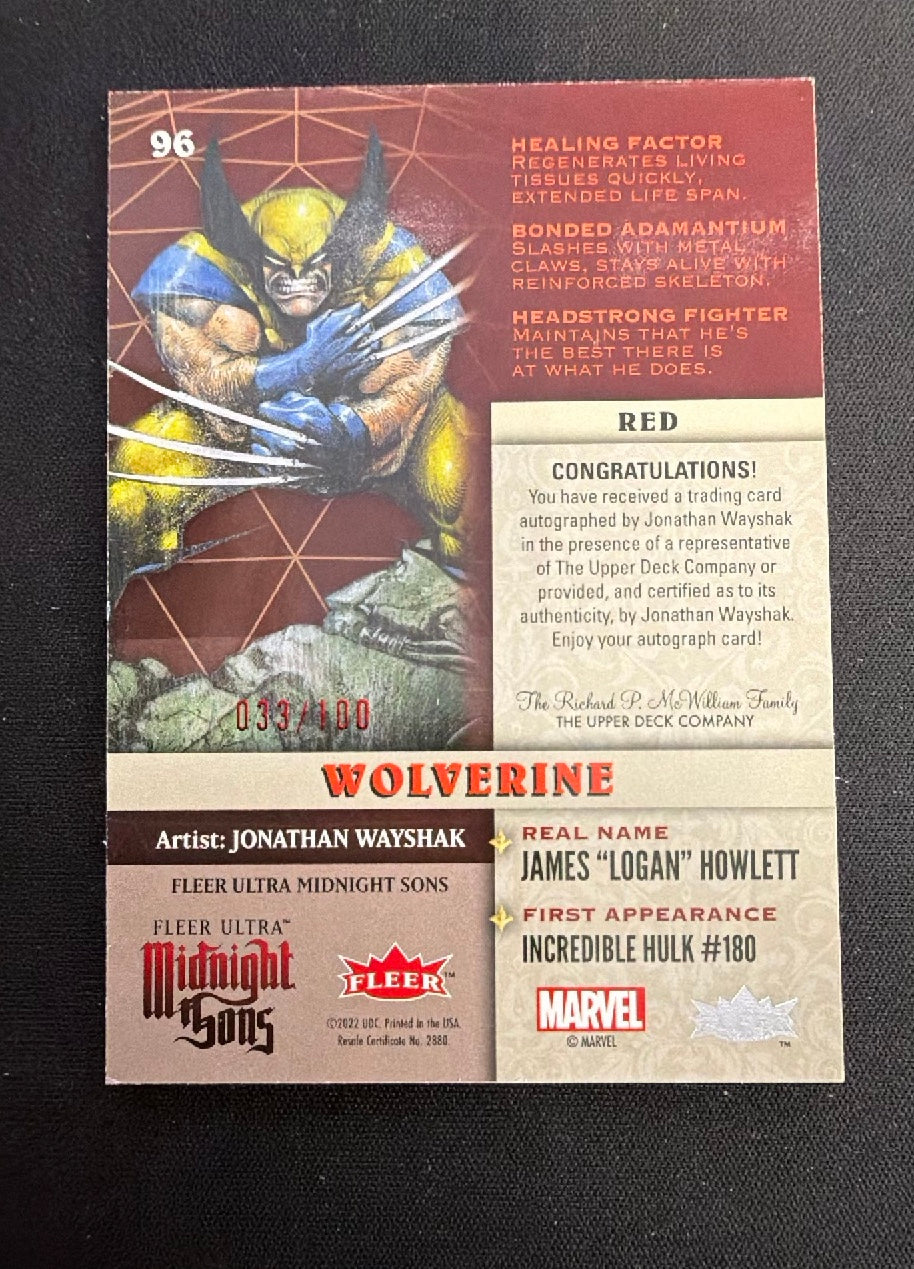 2022 Fleer Ultra Midnight Sons Wolverine /100 Jonathan Wayshak Auto #96