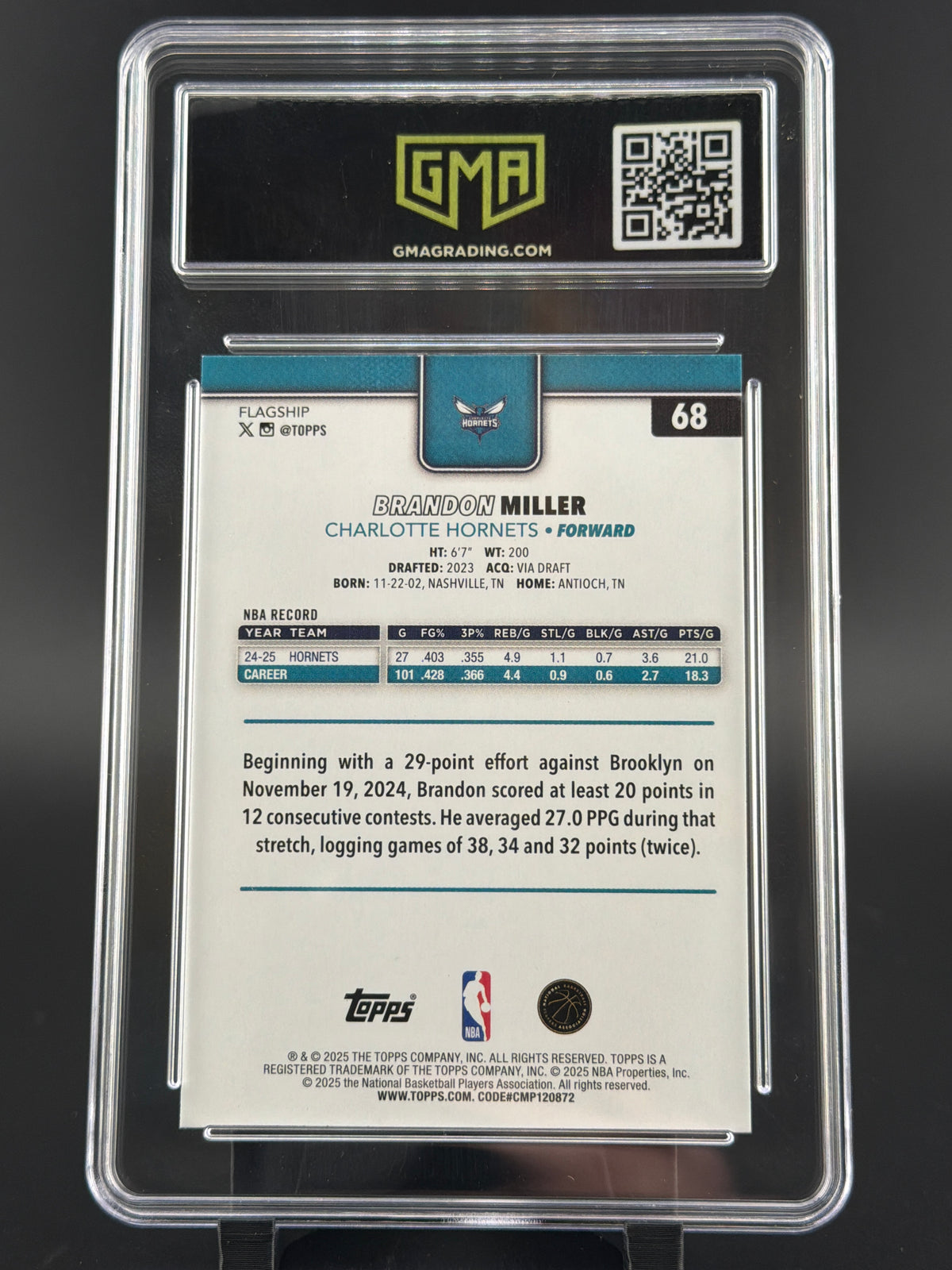 2025 Topps Basketball Brandon Miller #68 Gold 0597/2025 GMA 8.5