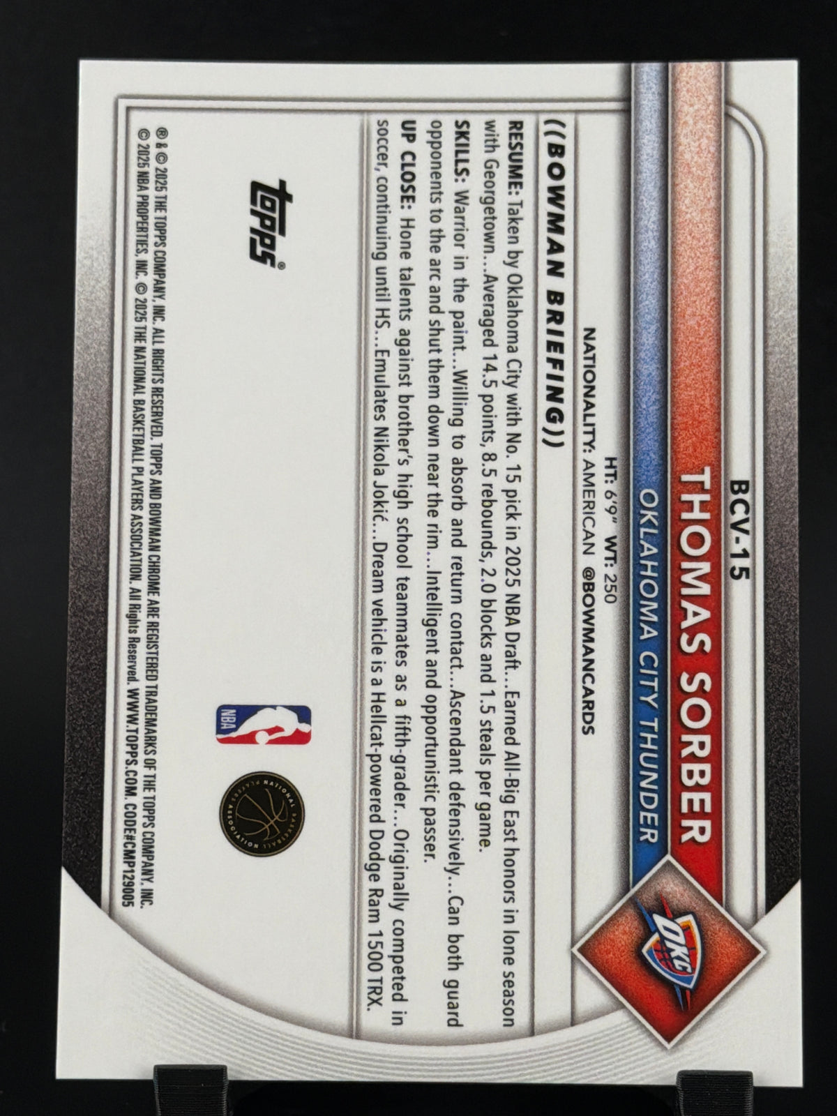 2025 Topps Bowman Chrome Thomas Sorber #BCV-15 Gold /50 RC