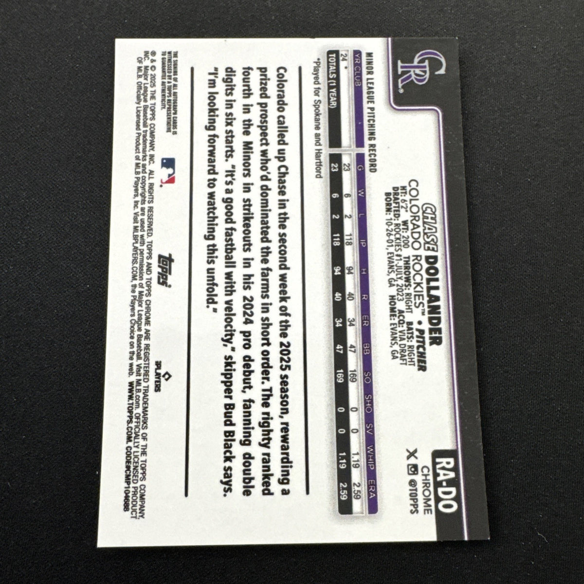 Chase Dollander 2025 Topps Chrome Magenta Purple Lava Lamp Auto /299 Rockies RC