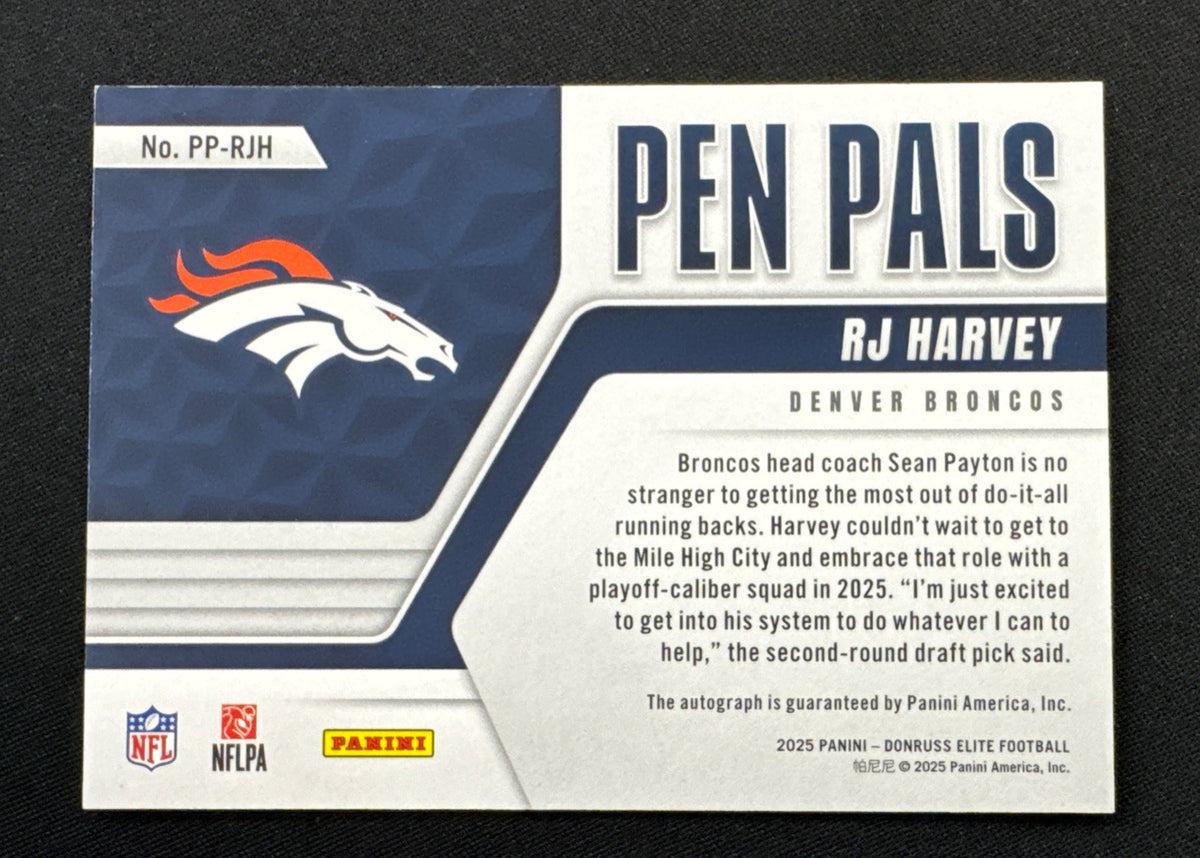 2025 Panini Donruss Elite Pen Pals Blue Ink RJ Harvey #PP-RJH Rookie Auto RC