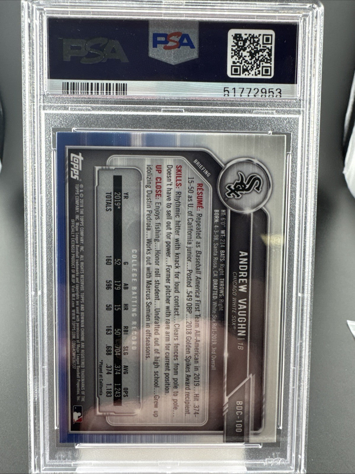 2019 Bowman Draft - Chrome Image Variation Andrew Vaughn #BDC-100 Ball Near...