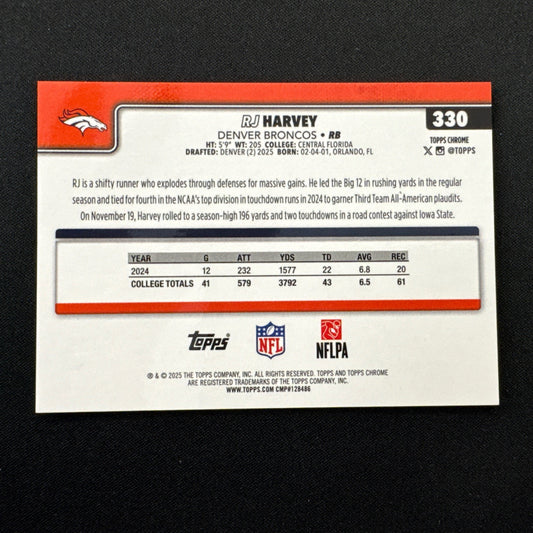 /25 RJ Harvey Broncos #330 Rookie Orange Parallel Color Match Topps Chrome 2025