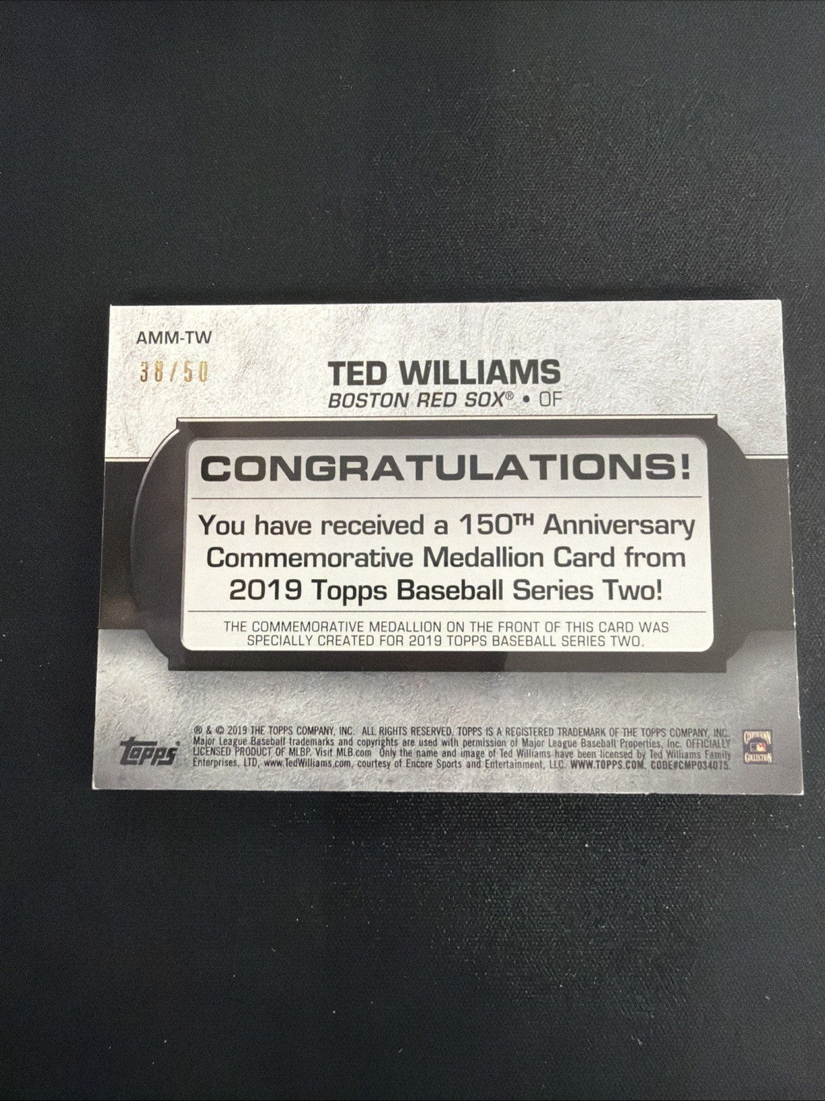 2019 Topps - 150th Anniversary Commemorative Medallion Series 2 Ted Williams /50