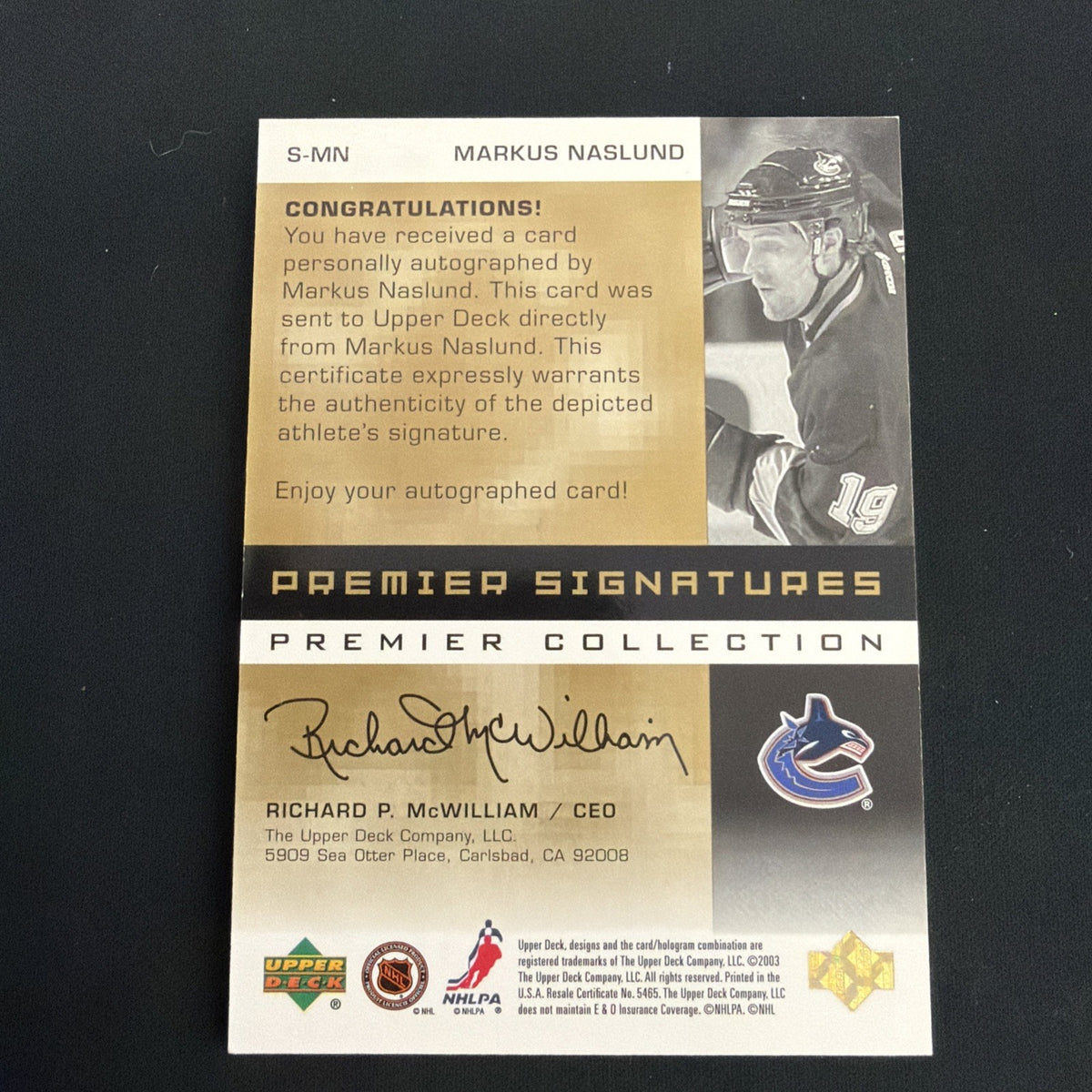 2002-03 Upper Deck Premier Collection - Signatures Markus Naslund /50
