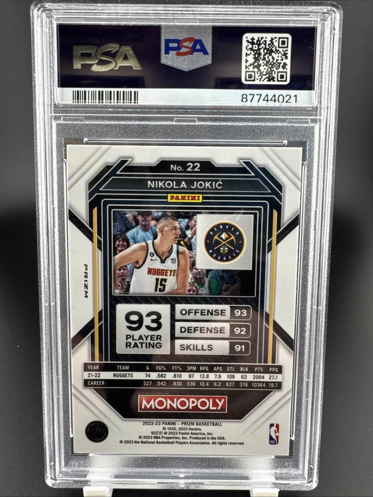 2022 Prizm Monopoly Nikola Jokic Boardwalk Blue Tiger Stripe #22 PSA 9