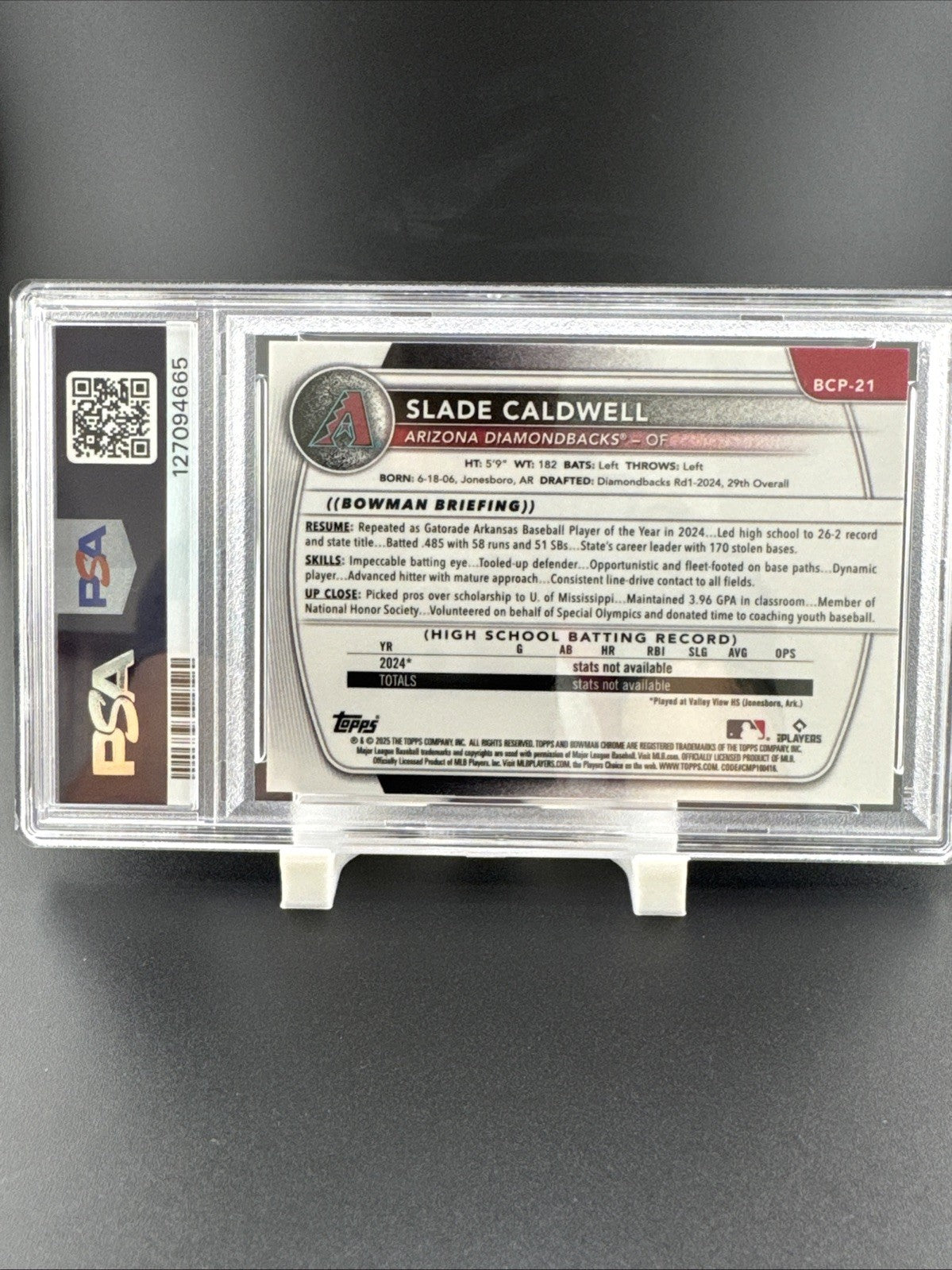 2025 Bowman Slade Caldwell CHR Pros-Purple Geometric #BCP21 192/250 PSA 9