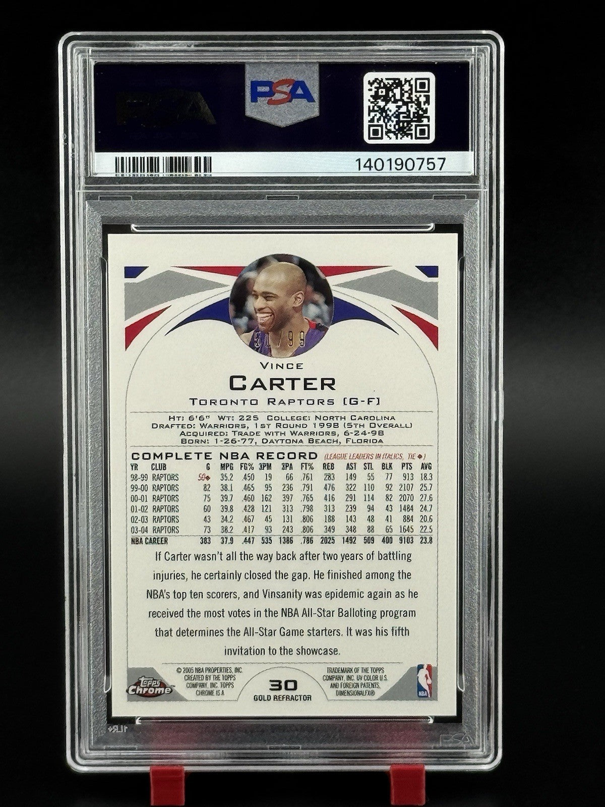 2004-05 Topps Chrome Basketball Vince Carter Gold Refractor /99 #30 PSA 10 Pop 4
