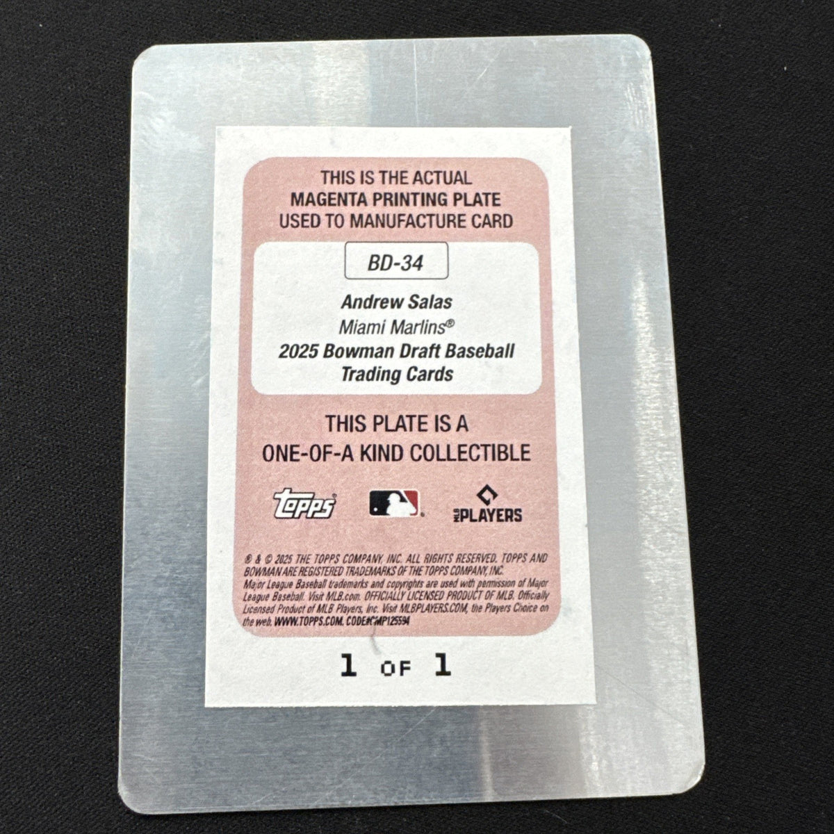 2025 Bowman Draft BD-34 Andrew Salas Marlins MAGENTA Printing Plate 1/1