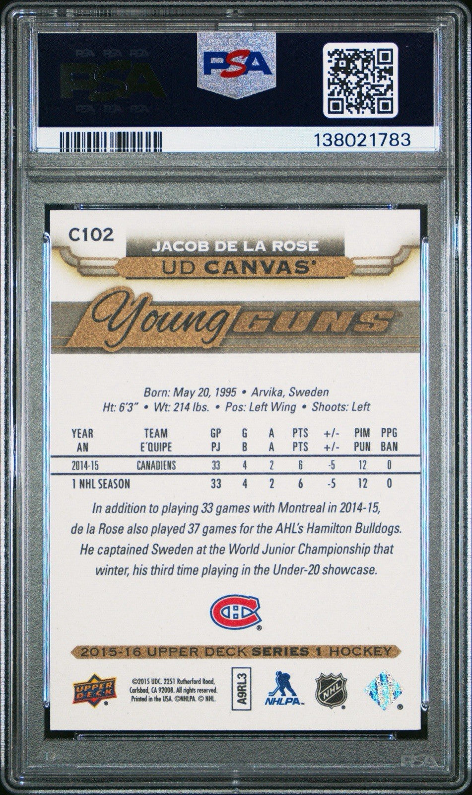 2015-16 Upper Deck - Ud Canvas Young Guns Jacob De La Rose #C102 (RC)