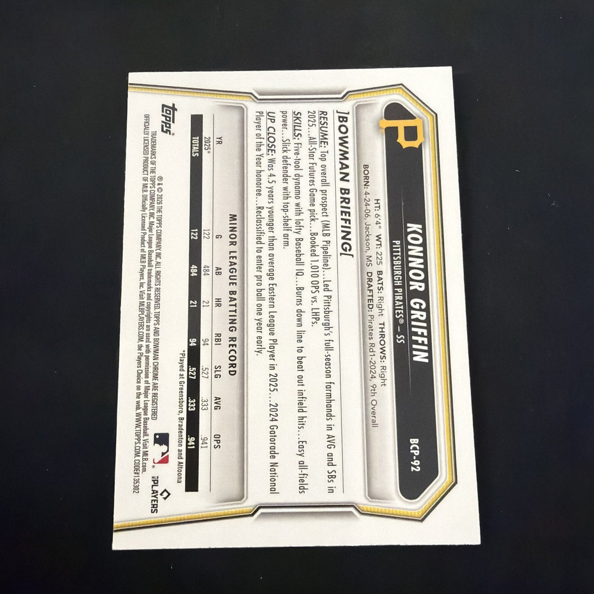 Bowman Chrome Konnor Griffin Pittsburgh Pirates Gold Sapphire /75 Serial #